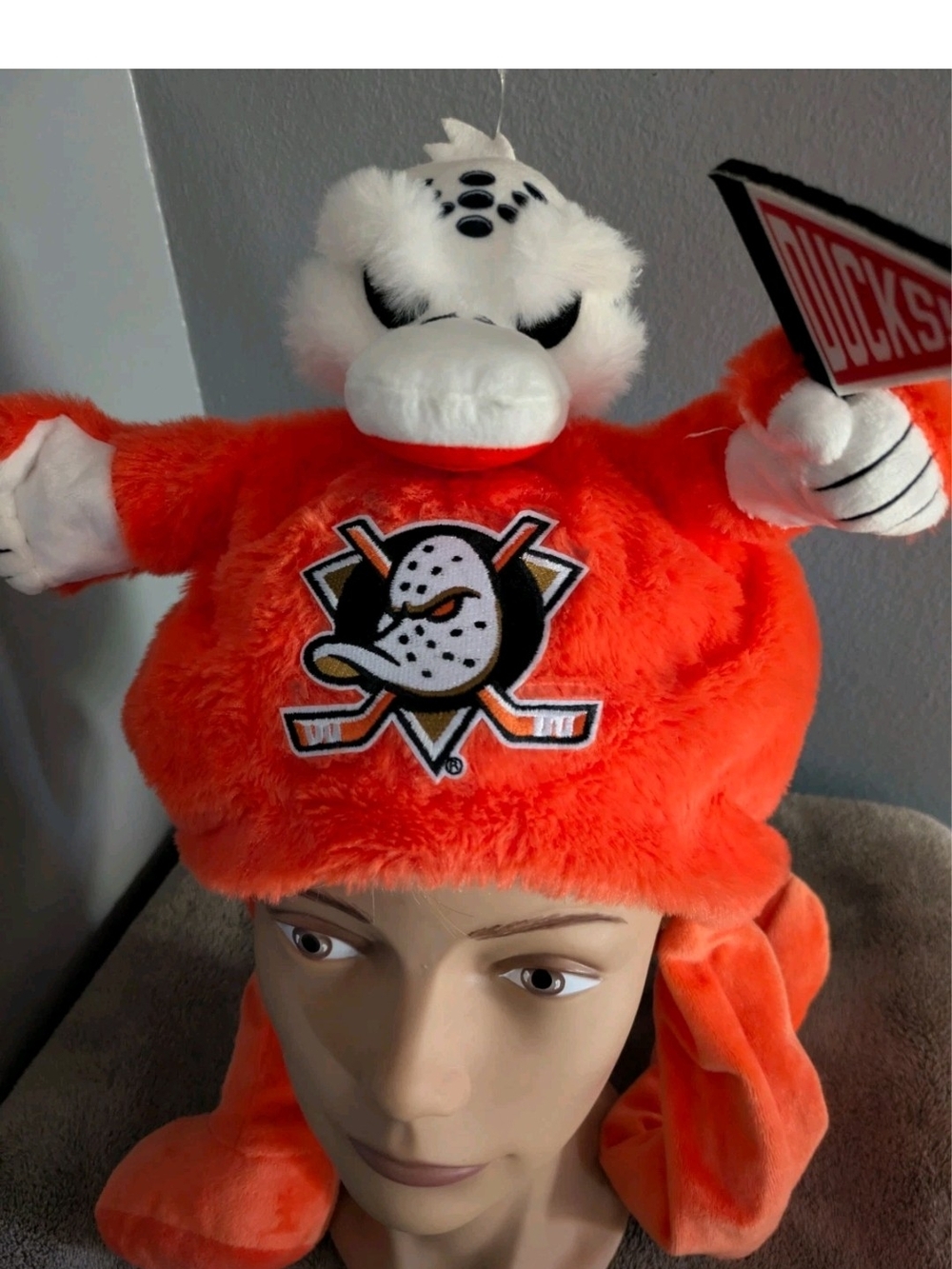 NHL Ducks Wild Wing Pump Action Mascot Plush Cap Dangle Hat